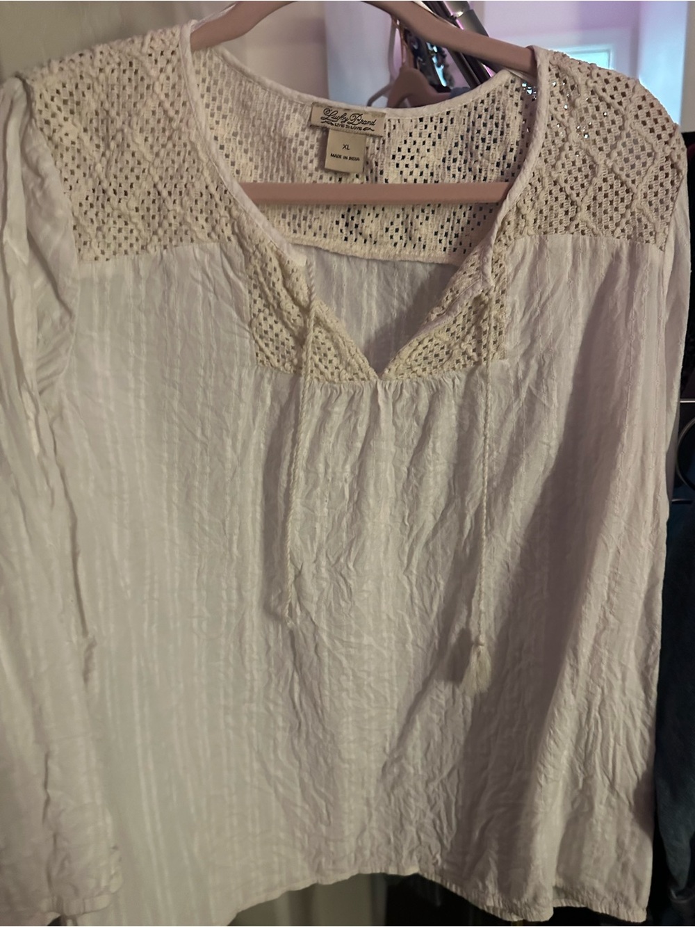Lucky Brand White Crochet Yoke Long Sleeve Peasant Top size xl